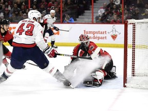 Washington Capitals right wing Tom Wilson (43) watches his goal go into the net against Ottawa Senators goaltender Marcus Hogberg (35) during first period NHL hockey action in Ottawa, Saturday December 29, 2018.