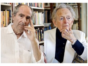 This combination photo shows authors Philip Roth at the offices of his publisher Houghton Mifflin, in New York on Sept. 8, 2008, left, and Tom Wolfe in his living room in New York on July 26, 2016. Within eight days last spring, two of the country's most celebrated writers, Roth and Wolfe died. (AP Photo)