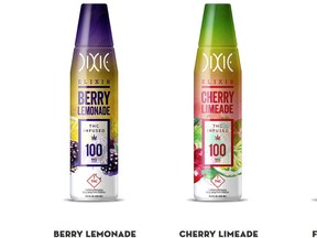 Cannabis drinks are popular in U.S. states were recreational marijuana is legal, such as these by Dixie Brands, a Colorado company that has a licensing deal with Canadian grower Auxly, which plans to manufacture the drinks in Canada. The proposed Canadian regulations would mean the drinks sold in Canada would have plain labels with health warnings on them, and come in indiviidual serving sizes.