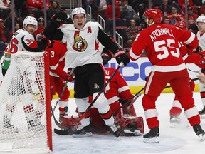 Ottawa Senators right-winger Mark Stone (61) celebrates his goal against the Red Wings in the third period on Friday, Dec. 14, 2018 in Detroit.