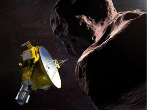 A handout illustration shows NASA‚ New Horizons spacecraft encountering 2014 MU69‚ nicknamed Ultima Thule, a Kuiper Belt object. Set for New Year‚ 2019, New Horizons exploration of Ultima will be the farthest space probe flyby in history.