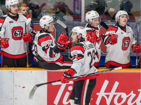 The Ottawa 67's Tye Felhaber celebrates a goal against Flint with teammates on Friday, Dec. 14, 2018 at the TD Place arena. Valerie Wutti photo