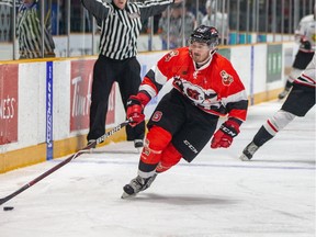 The Ottawa 67's Tye Felhaber picks up the puck on his way to scoring his OHL-leading 37th goal of the season on Saturday, Dec. 15, 2018 against the Owen Sound Attack at TD Place arena. Valerie Wutti photo