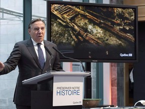 Quebec Premier Francois Legault speaks about a major archeological find Tuesday, November 6, 2018 in Quebec City.