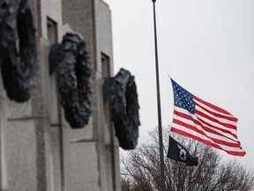 The U.S. flag flies at half-staff at Washington's Second World War Memorial in tribute to former U.S. President George H. W. Bush.