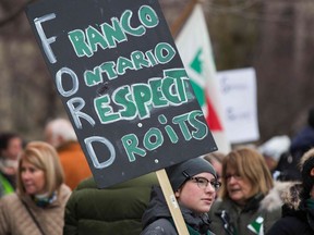 Canadian Francophones rally in front of the Human Rights building during the Franco-Ontario Day of Action in Ottawa, Ontario on December 1, 2018.