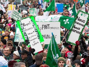 Canadian Francophones rally in front of the Human Rights building during the Franco-Ontario Day of Action in Ottawa on Saturday.