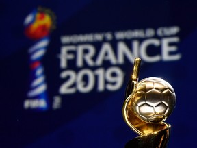 The trophy of the 2019 FIFA Women World Cup is pictured during the final draw of the 2019 FIFA Women World cup football tournament