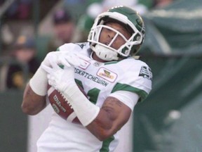 Saskatchewan Roughriders' Justin Cox during first half action in Edmonton, Alta., on Friday July 8, 2016. Cox is going to jail. The former Roughrider defensive back pleaded guilty to a brutal assault of his former partner and was sentenced in a Regina courtroom Friday morning.