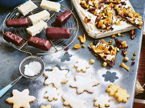 Clockwise from top left: coconut bounties, healthy chocolate Rocky Road and Christmas cookies from Vegan Christmas by Gaz Oakley.