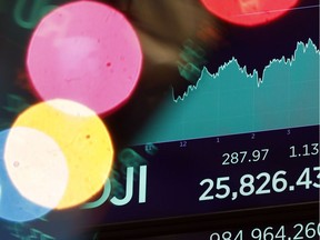 A board above the floor of the New York Stock Exchange shows the closing number for the Dow Jones industrial average.