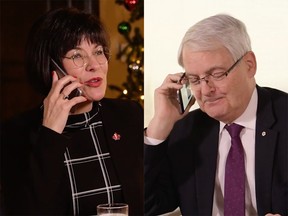 Transport Minister Marc Garneau goes over pre-Christmas flight checks with Mrs. Claus who, the ministry notes, recently received her own commercial pilot's licence.