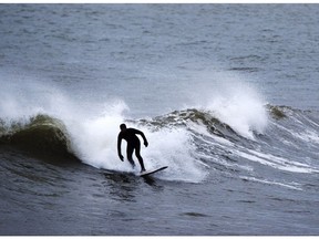 A surfer trides a wave in Cow Bay, N.S. on Wednesday, Nov. 28, 2018. Surfing is a year-round activity in Nova Scotia with great conditions and ample resources to accommodate all skill levels.