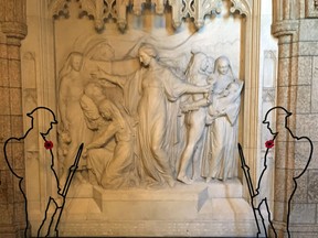 The Nurses’ Memorial in the Centre Block’s Hall of Honour by sculptor George William Hill pays homage to the nurses who have cared for others throughout Canada’s history. A small monument to First World War Nursing Sister Minnie Gallaher, who was lost in action in 1918 and thought to have inspired the sculpture, rests in her family’s plot at Beechwood. A pair of wire-frame soldier figures from the There But Not There program stand guard.