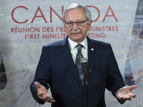 New Brunswick Premier Blaine Higgs responds to questions during a news conference at the first ministers meeting in Montreal on Friday, December 7, 2018.