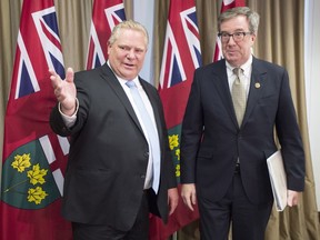Ontario Premier Doug Ford meets with Ottawa Mayor Jim Watson in Toronto on Monday.
