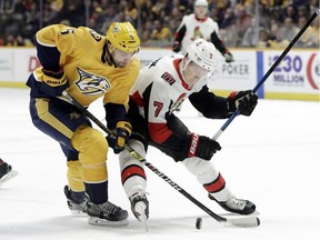 Nashville Predators left wing Austin Watson (51) shoots against Ottawa Senators goaltender Craig Anderson (41) in the second period of an NHL hockey game Tuesday, Dec. 11, 2018, in Nashville.