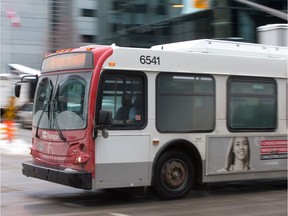 An OC Transpo bus driving along Albert Street.