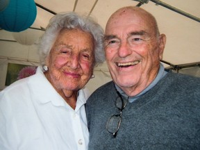 Former city councillor Toddy Kehoe, seen here with former regional chairman Andy Haydon, has turned 100 years old.