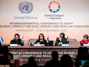 Attendees at a panel during the UN Global Compact for Migration in Marrakech, Morocco, on Dec. 10, 2018.