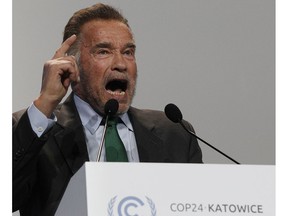 Actor Arnold Schwarzenegger delivers a speech during the opening of COP24 UN Climate Change Conference 2018 in Katowice, Poland, Monday, Dec. 3, 2018.