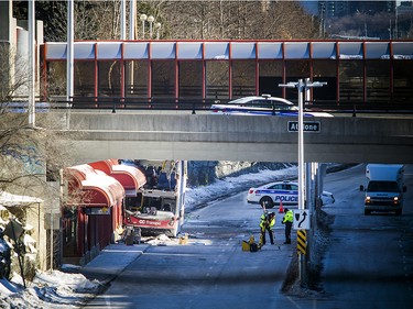 Ottawa police have the area around the Westboro transit station cordoned off with police tape and cruiser's Saturday Jan. 12, 2019, while the collision is investigated.