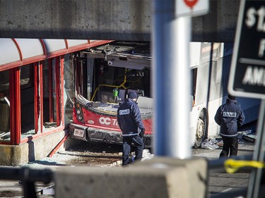 Ottawa police have the area around the Westboro transit station cordoned off with police tape and cruisers Saturday Jan. 12, 2019, while the collision is investigated