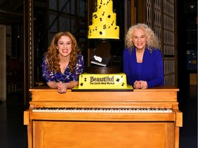 Carole King and Chilina Kennedy pose for a photo together backstage as Carole King surprises Broadway audience as "Beautiful" celebrates Fifth Anniversary at Stephen Sondheim Theatre on January 12, 2019 in New York City.
