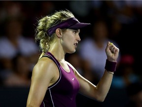 Eugenie Bouchard of Canada celebrates after winning her second round match against Bibiane Schoofs of Netherlands on January 02, 2019 in Auckland, New Zealand.