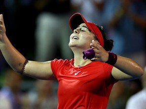 Bianca Andreescu of Canada celebrates after winning her round of 16 match against Caroline Wozniacki of Denmark at the ASB Classic on January 03, 2019 in Auckland, New Zealand.