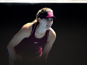 Eugenie Bouchard of Canada looks on during her quarter final match against Julia Goerges of Germany at the ASB Classic on January 04, 2019 in Auckland, New Zealand.