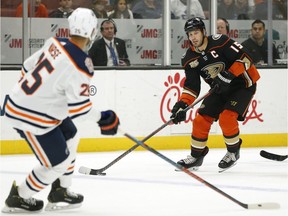 Like several teammates, Ducks captain Ryan Getzlaf, right, has struggled offensively this season.