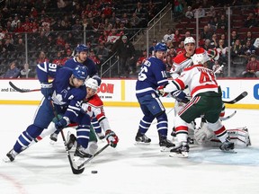 John Tavares #91 of the Toronto Maple Leafs scores his 300th NHL goal at 7:21 of the first period against the New Jersey Devils at the Prudential Center on Thursday, Jan. 10, 2019.