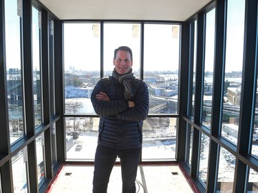 Zibi president Jeff Westeinde stands in the observation deck atop a seven-storey tower that gives a bird's eye view of the whole site.
