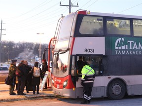 A double decker OC Transpo bus at the park and ride at Eagleson on Monday morning, January 14, 2019.   Photo by Jean Levac/Postmedia News  130772