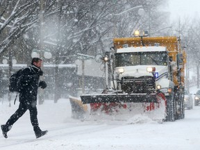 Pedestrian in a snowstorm on Wellington in Ottawa, January 23, 2019.