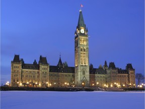 Dusk falls on Canada's Parliament.