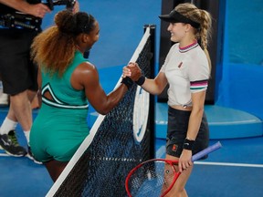 Serena Williams of the US (L) shakes hands after victory over Canada's Eugenie Bouchard during their women's singles match on day four of the Australian Open tennis tournament in Melbourne on January 17, 2019.