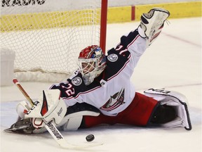 Columbus Blue Jackets goaltender Sergei Bobrovsky (72) makes a save during the third period of an NHL hockey game against the Florida Panthers, Saturday, Jan. 5, 2019 in Sunrise, Fla. The Blue Jackets defeated the Panthers 4-3 in overtime.