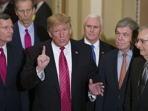 Sen. John Barrasso, R-Wyo., left, and Sen. John Thune, R-S.D., stand with President Donald Trump, Vice President Mike Pence, Sen. Roy Blunt, R-Mo., and Senate Majority Leader Mitch McConnell of Ky., as Trump speaks while departing after a Senate Republican Policy luncheon, on Capitol Hill in Washington, Wednesday, Jan. 9, 2019.