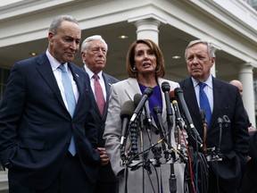 Speaker of the House Nancy Pelosi, D-Calif., speaks to reporters after meeting with President Donald Trump about border security in the Situation Room of the White House, Friday, Jan. 4, 2019, in Washington. From left, Senate Minority Leader Chuck Schumer, D-N.Y., House Majority Leader Steny Hoyer of Md., Pelosi, and Sen. Dick Durbin, D-Ill.