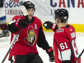 Ottawa Senators centre Matt Duchene, left, celebrates his goal with teammate Mark Stone during the third period against the Colorado Avalanche at the Canadian Tire Centre on Wednesday, Jan. 16, 2019.