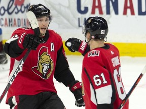 Ottawa Senators' centre Matt Duchene, left, celebrates his goal with teammate Mark Stone during third period NHL action against the Colorado Avalanche, in Ottawa last Wednesday.