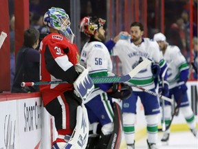 New Ottawa Senators goaltender Anders Nilsson (31) takes part in the pregame warmup before a game against his former teammates on Wednesday, Jan. 2, 2019.