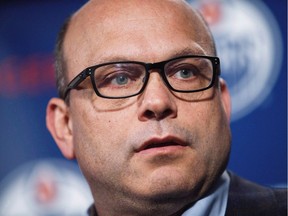 Edmonton Oilers general manager Peter Chiarelli speaks to the media during the Edmonton Oilers' end-of-the-year press conference in Edmonton, Alta., on Sunday, April 10, 2016. Chiarelli has been fired as general manager of the Edmonton Oilers, according to multiple media reports.