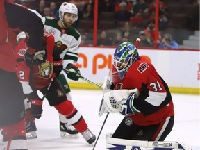 Ottawa Senators goalie Anders Nilsson makes a save against the Minnesota Wild during first period NHL hockey action in Ottawa, Saturday, January 5, 2019.