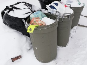 Snowbanks challenge Ottawa residents' ability to place  trash curbside for pickup, and waste collection crews pass them by.