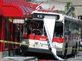 An OC Transpo bus crashed into a shelter at Lees station on the Transitway on July 19, 2003. No one was seriously injured, six passengers were taken to the hospital with minor cuts and bruises.