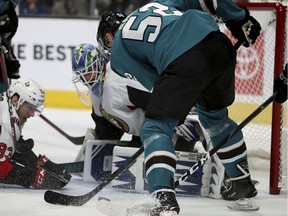 The San Jose Sharks' Lukas Radil (52) has a shot blocked by Ottawa Senators goaltender Anders Nilsson during the first period on Saturday, Jan. 12, 2019.