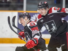 The Ottawa 67's Jack Quinn (No. 22) celebrates his goal against Peterborough with Graeme Clarke on Friday, Jan. 18, 2019 at TD Place arena.